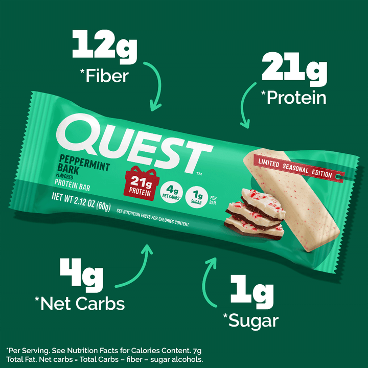 A green Quest protein bar package labeled Peppermint Bark, shown on a dark green background with callout arrows and text highlighting nutrition facts: 12g fiber, 21g protein, 4g net carbs, and 1g sugar.