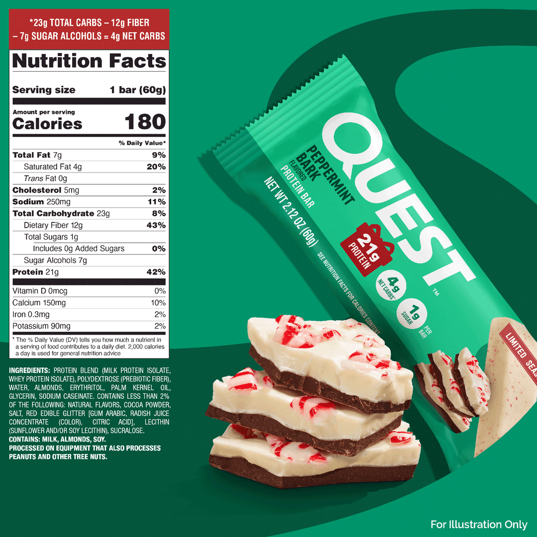 A Quest Peppermint Black Bar protein powder snack shown with a green wrapped bar, a sliced piece of the mint chocolate bar, and a Nutrition Facts panel on a dark green background.