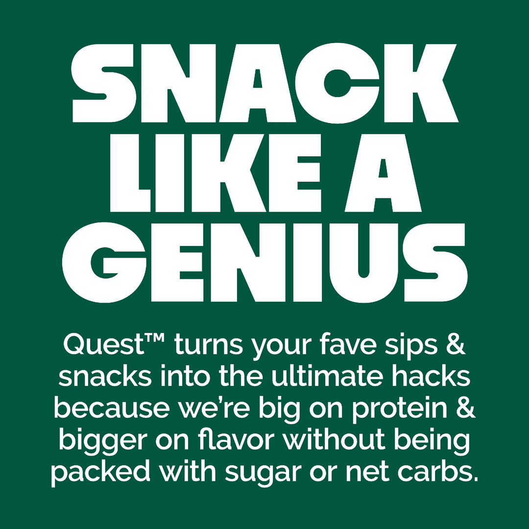 Promotional text for Quest snacks on a green background