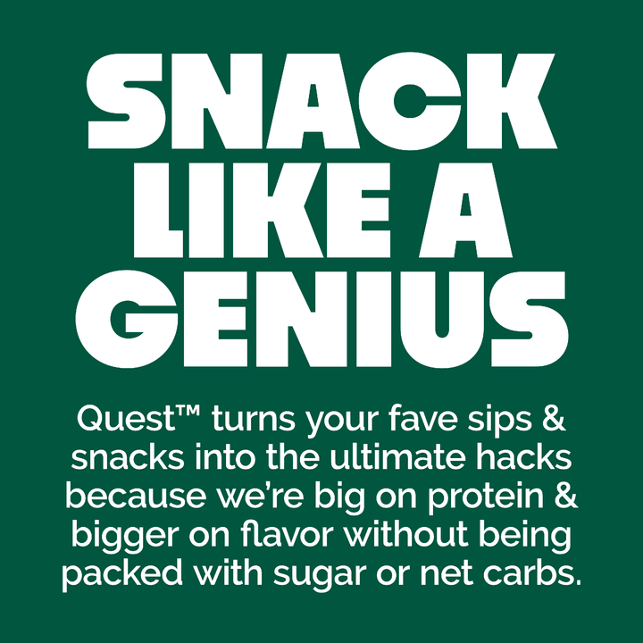 Promotional text for Quest snacks on a green background
