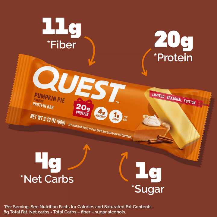 Quest pumpkin pie protein bar with nutritional information on a brown background