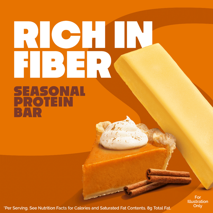 Protein bar with pumpkin spice flavor on an orange background