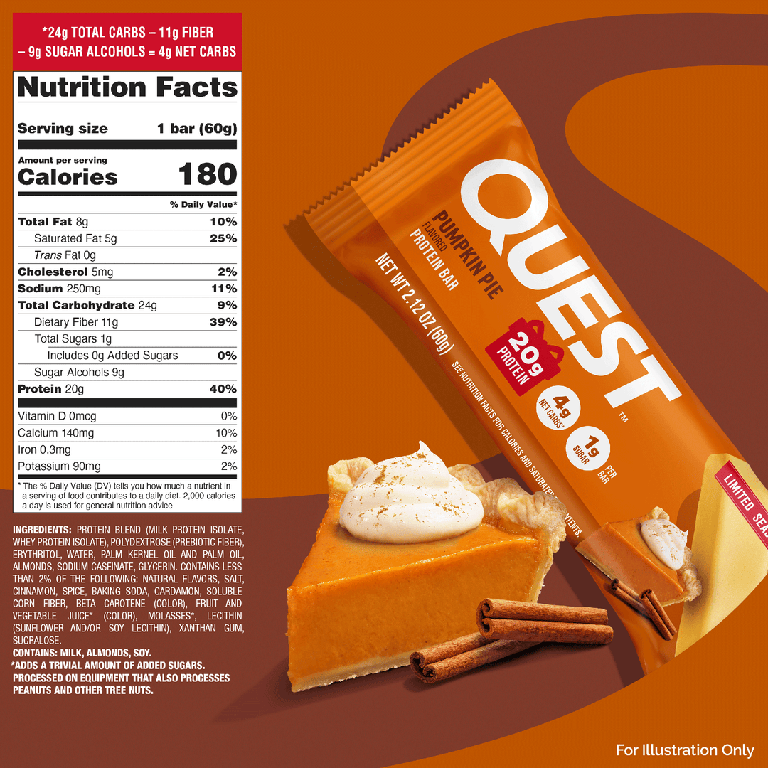 A Quest protein bar package in pumpkin pie flavor, shown at an angle with a large Nutrition Facts panel overlaid on the left. The wrapper is orange with white and red text, and the bar itself is partially visible with cream-colored protein powder and pumpkin pie filling illustrated on the front.