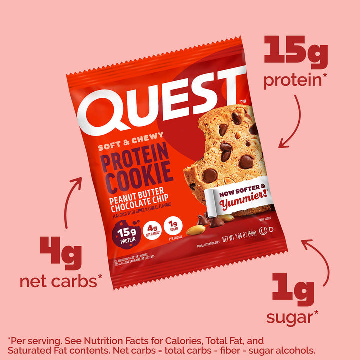 Peanut Butter Chocolate Chip Protein Cookies; 15g Protein*; 4g Net Carbs*; 1g Sugar*; **Per serving. See Nutrition Facts for calories Total fat, and saturated fat contents. Net carbs = total carbs - fiber - sugar alcohols.