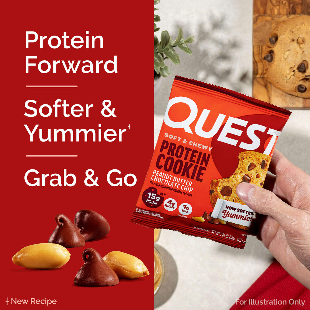 Peanut Butter Chocolate Chip Protein Cookies; Protein forward; Softer & Yummier+; Grab & Go; +New Recipe; For illustration Only