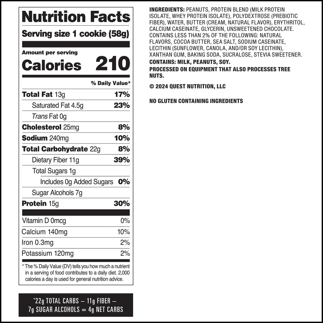 Peanut Butter Chocolate Chip Protein Cookies; Nutrition Facts Panel
