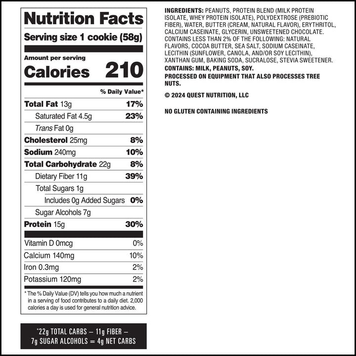 Peanut Butter Chocolate Chip Protein Cookies; Nutrition Facts Panel
