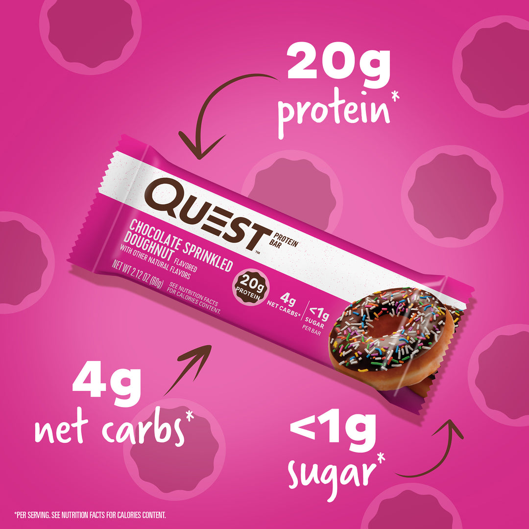 Chocolate Sprinkled Doughnut Protein Bars; 20g protein*, 4g net carbs*, <1g sugar*