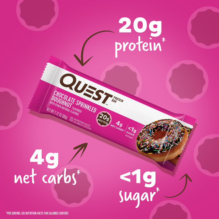 Chocolate Sprinkled Doughnut Protein Bars; 20g protein*, 4g net carbs*, <1g sugar*