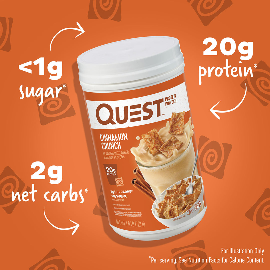 Cinnamon Crunch Protein Powder; <1g sugar*, 2g net carbs*, 20g protein*