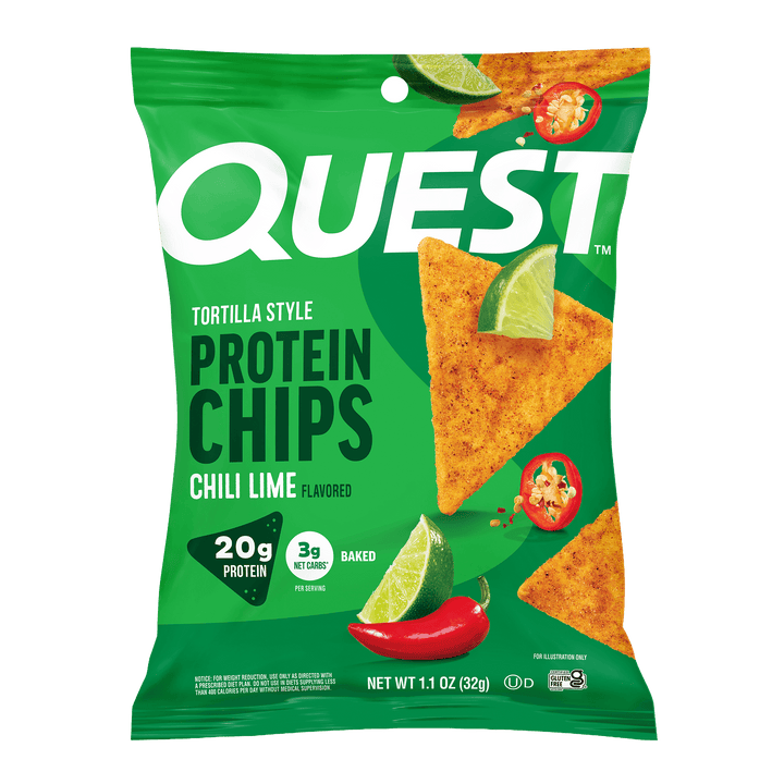 Quest Chili Lime Tortilla Style Protein Chips bag with 20g protein, 3g net carbs, baked chips.