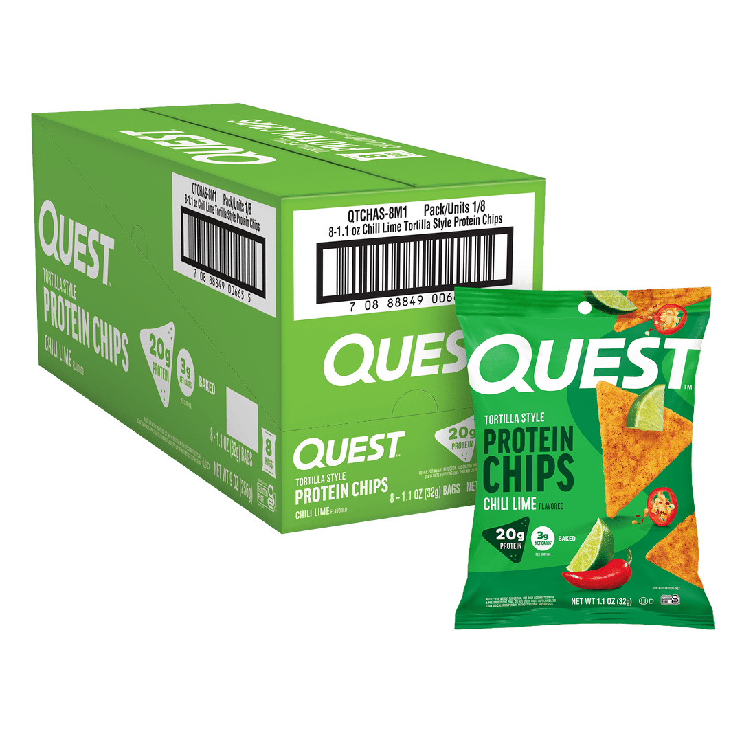 Quest Chili Lime Tortilla Style Protein Chips retail carton with individual bag, 8-count display case.