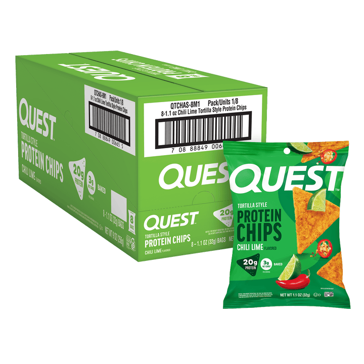 Quest Chili Lime Tortilla Style Protein Chips retail carton with individual bag, 8-count display case.