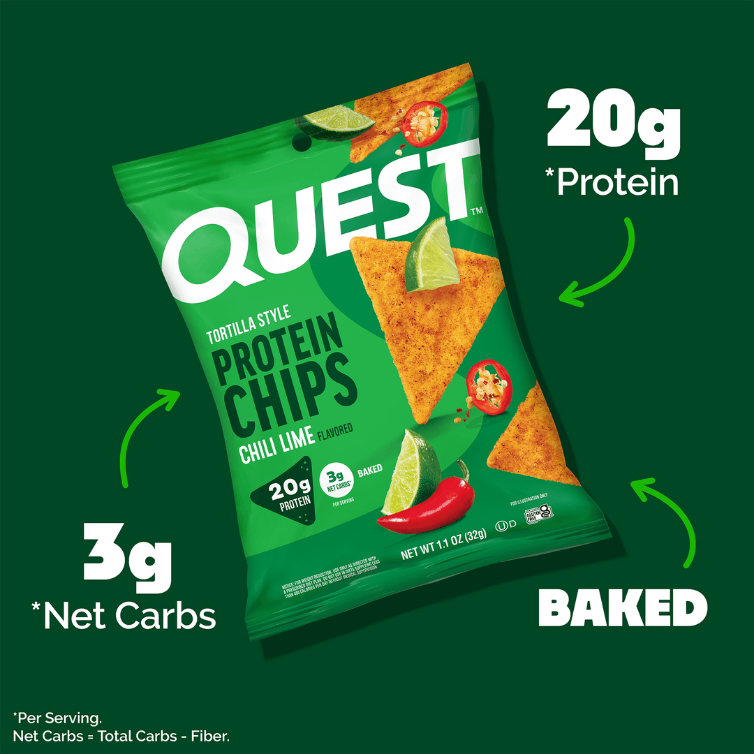 Quest Chili Lime Protein Chips highlighting 20g protein, 3g net carbs, and baked tortilla-style chips.