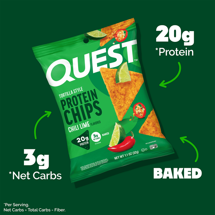 Quest Chili Lime Protein Chips highlighting 20g protein, 3g net carbs, and baked tortilla-style chips.