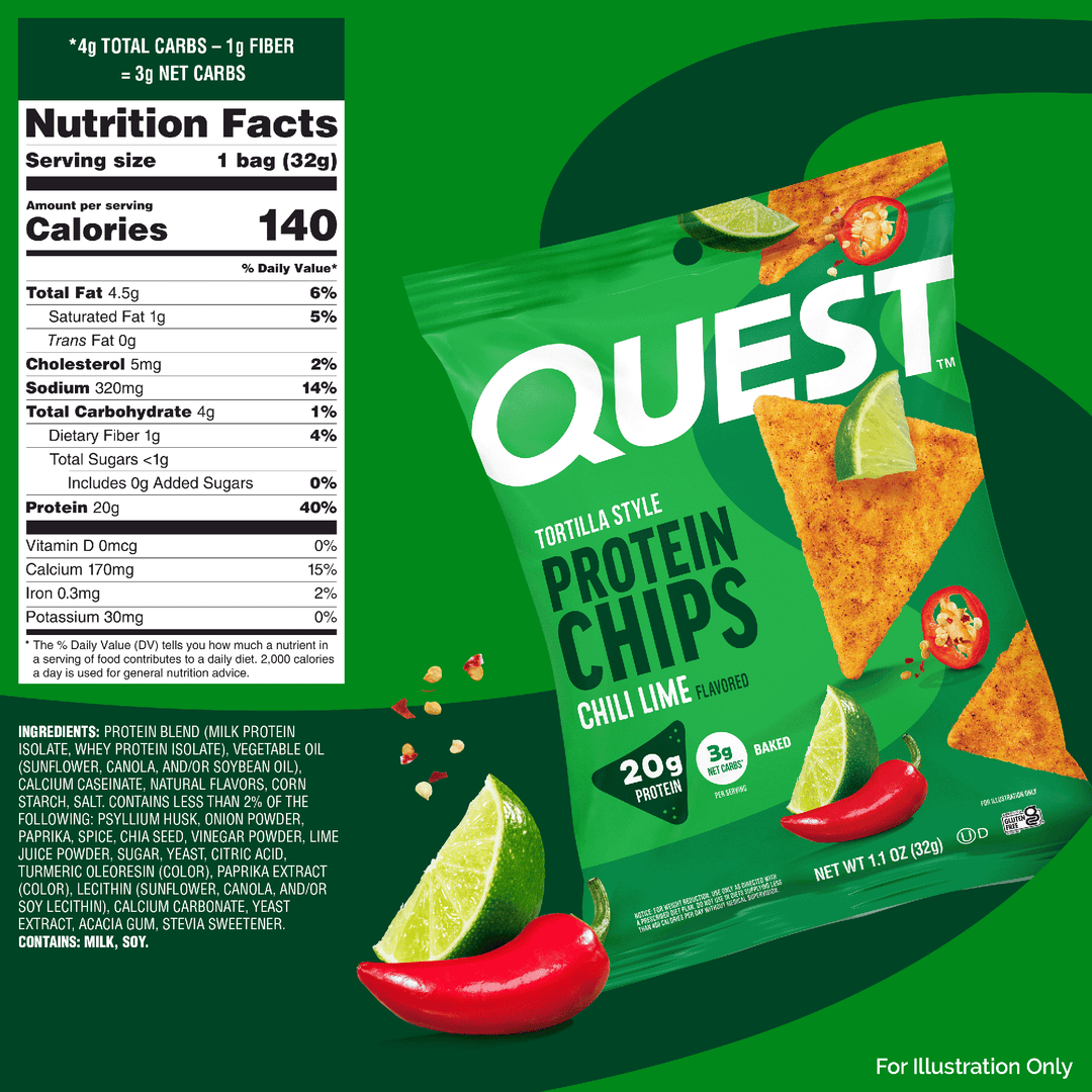 Quest Chili Lime Tortilla Style Protein Chips nutrition facts, ingredients, and product packaging showing 20g protein, 3g net carbs, baked chips, with lime wedges and red chili peppers.