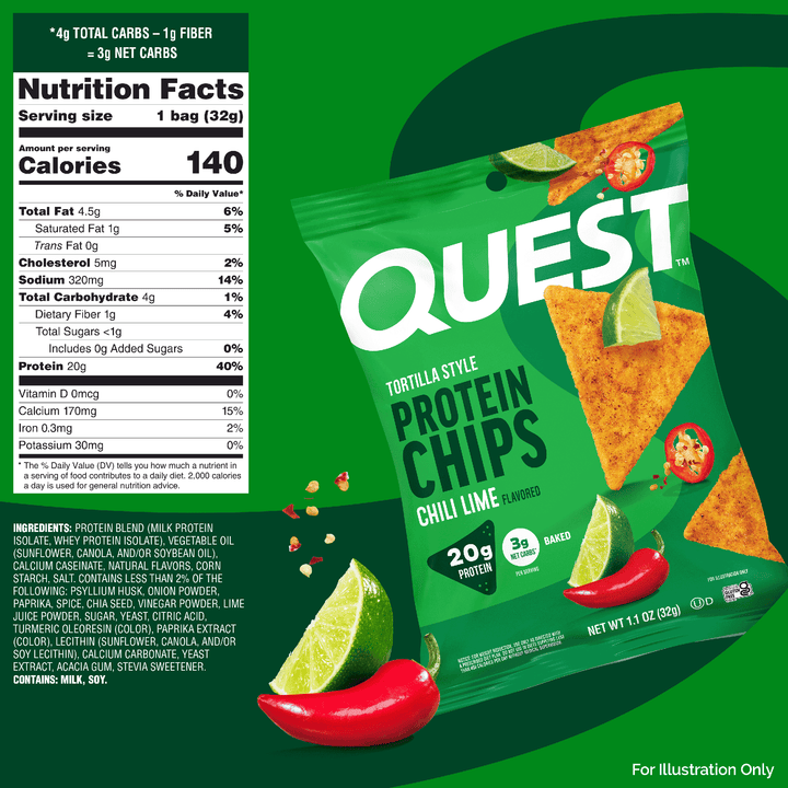 Quest Chili Lime Tortilla Style Protein Chips nutrition facts, ingredients, and product packaging showing 20g protein, 3g net carbs, baked chips, with lime wedges and red chili peppers.
