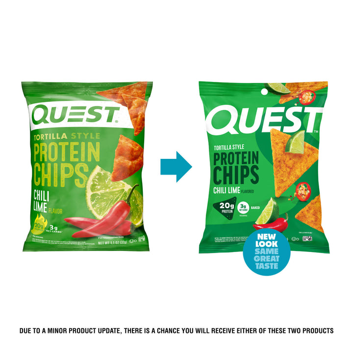Quest Chili Lime Protein Chips packaging update comparing previous and new single bag design.