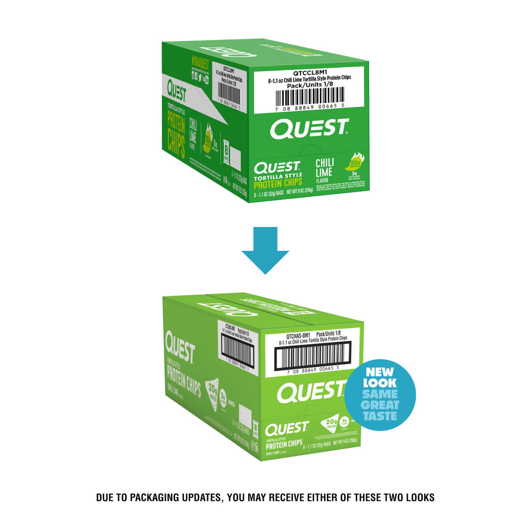 Quest Chili Lime Protein Chips packaging update comparing previous and new retail carton design.