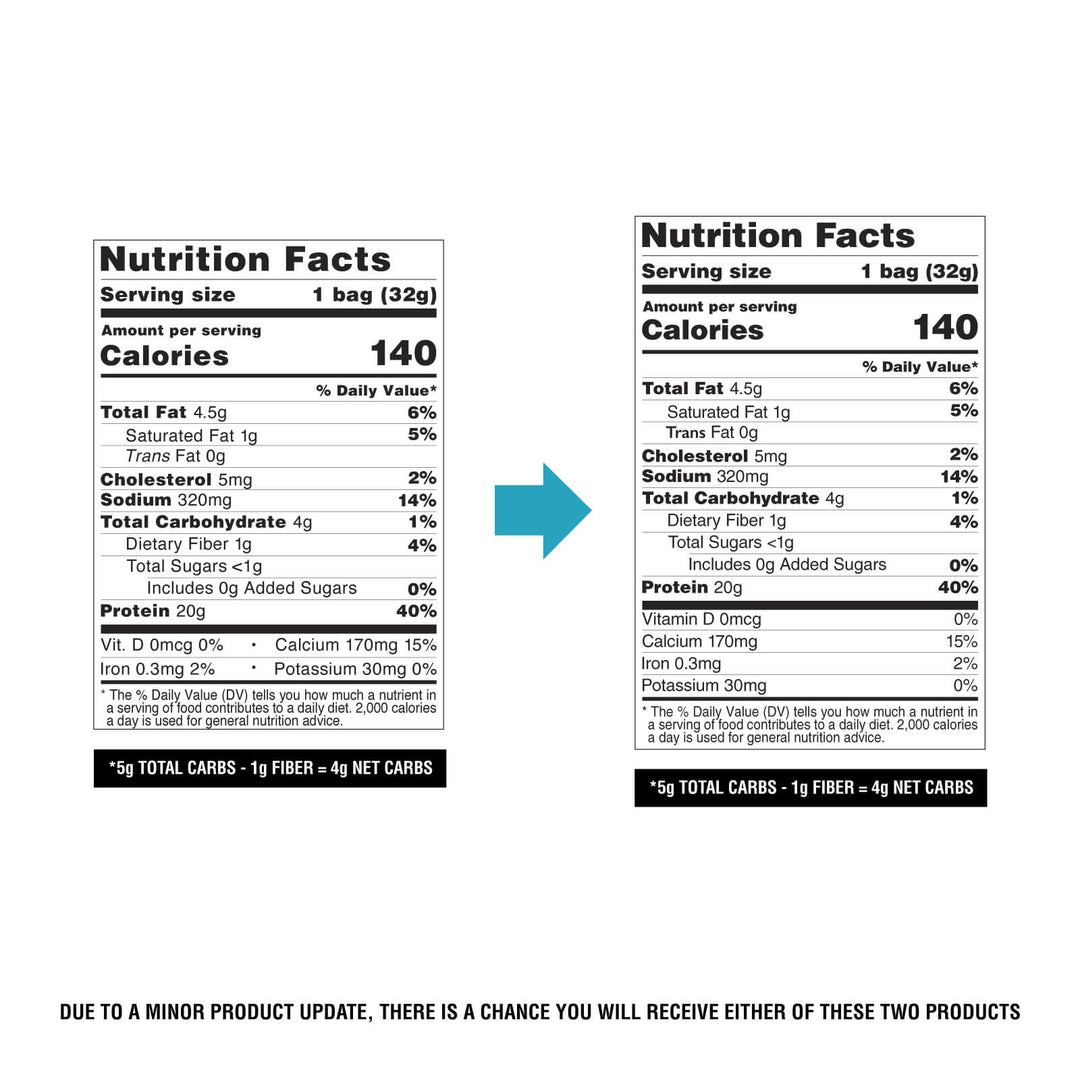 Quest Chili Lime Protein Chips nutrition facts comparison showing updated packaging.