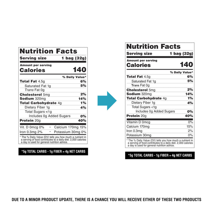 Quest Chili Lime Protein Chips nutrition facts comparison showing updated packaging.