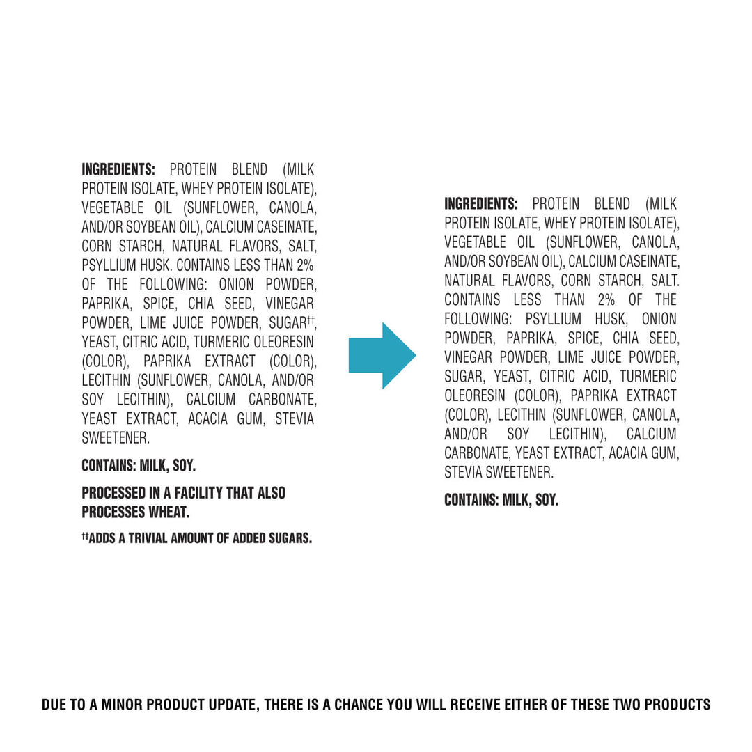 Quest Chili Lime Protein Chips ingredient label comparison showing updated packaging information.
