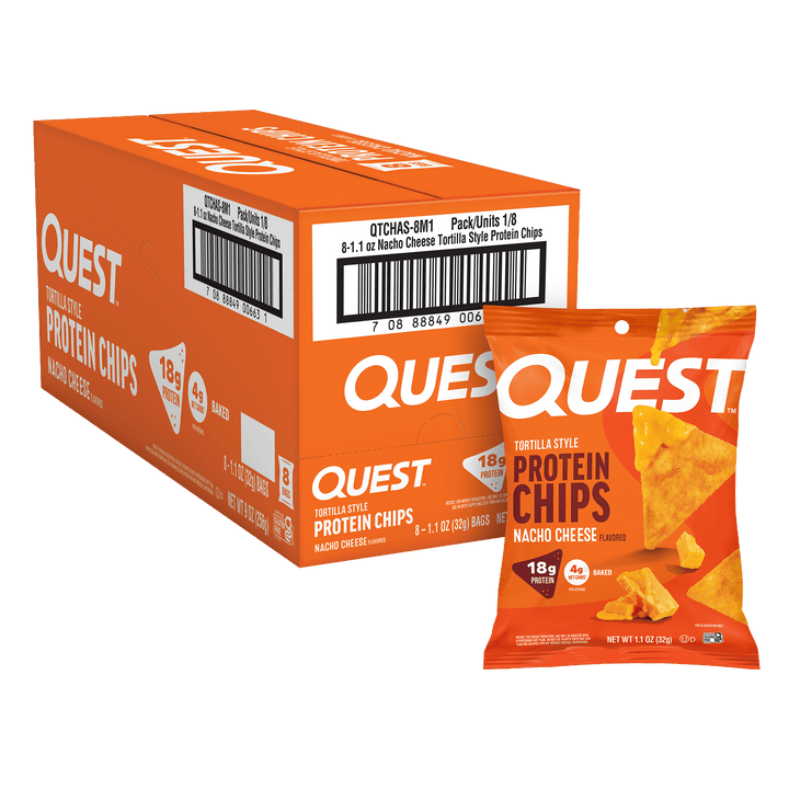 Box and single packet of Quest Tortilla Style Protein Chips 