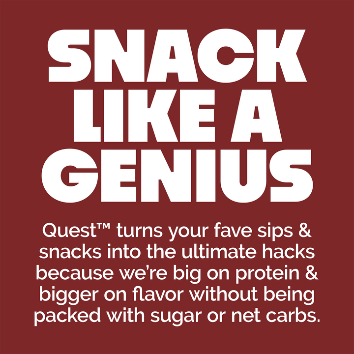 Promotional text for Quest snacks on a purple background