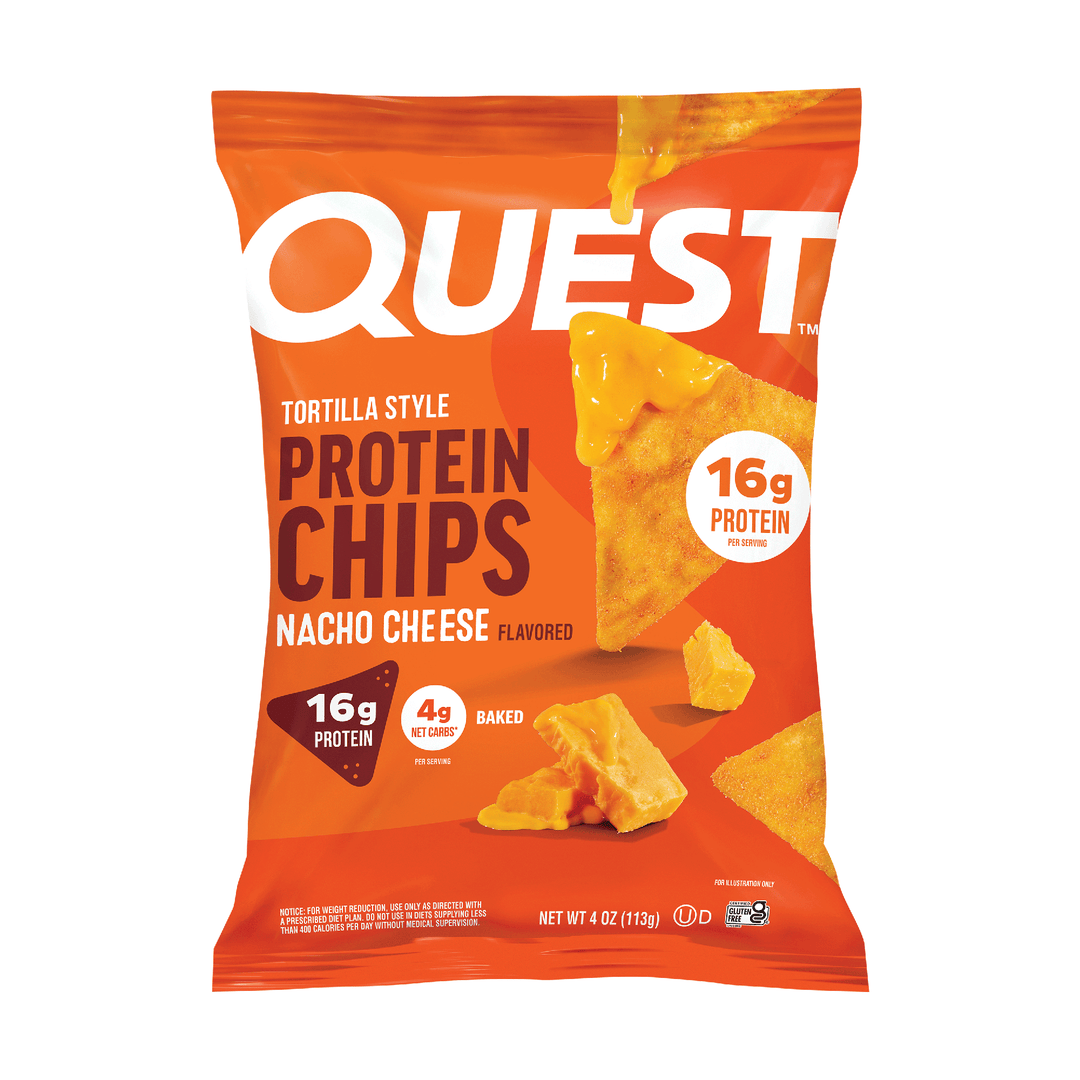 Orange package of Quest Tortilla Style Protein Chips Nacho Cheese flavor 