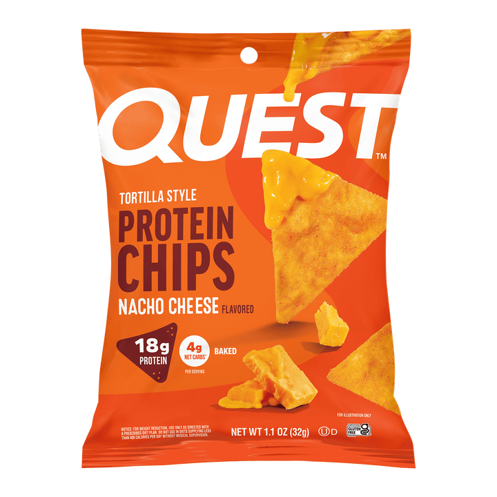 A single bag of Quest Tortilla Style Protein Chips in Nacho Cheese flavor, shown against a plain white background. The packaging is bright orange with bold white and dark brown text, and graphics of cheese-topped tortilla chips.