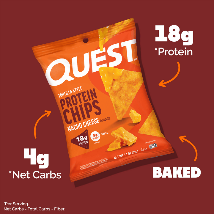Quest tortilla style protein chips packaging on a red background