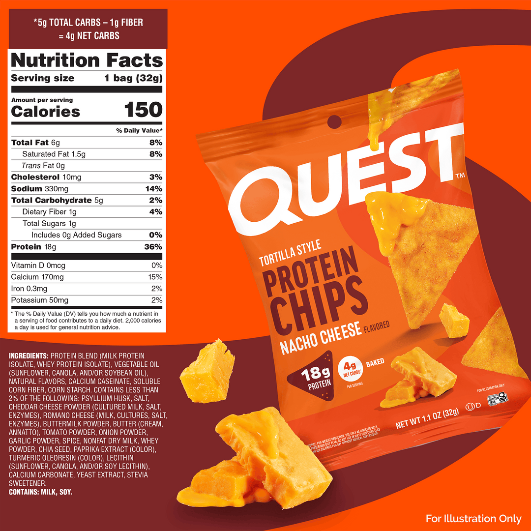 Quest Tortilla Style Protein Chips Nacho Cheese flavor packaging with nutrition label on an orange and brown background.