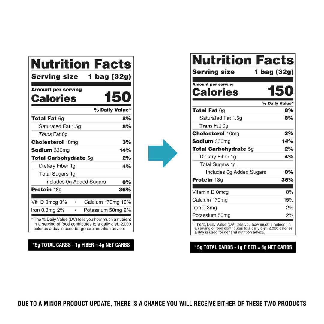 Nutrition facts label for a product with serving size, calories, and detailed nutritional information.