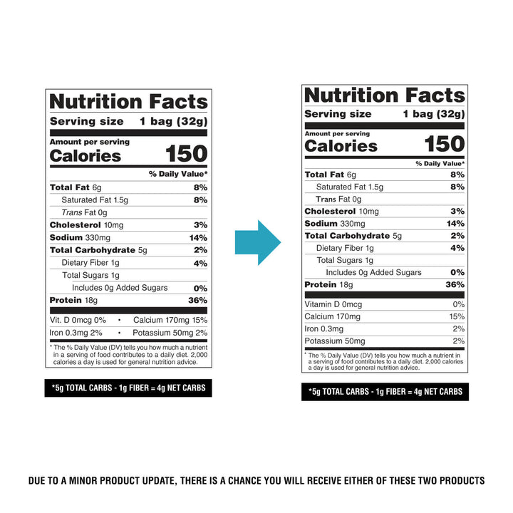Nutrition facts label for a product with serving size, calories, and detailed nutritional information.