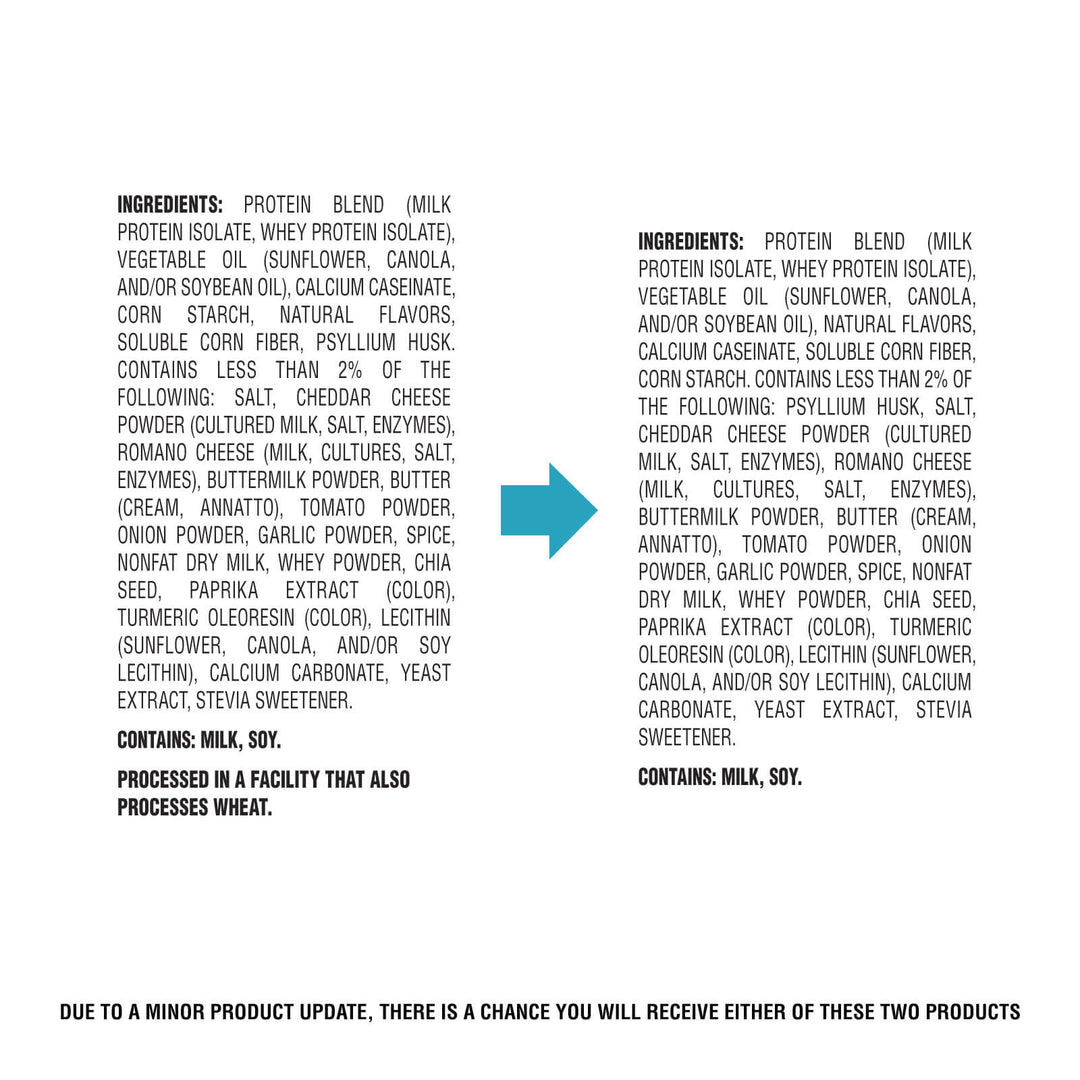 Ingredients list with a blue arrow pointing to a warning about product update.