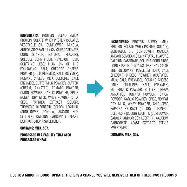 Ingredients list with a blue arrow pointing to a warning about product update.