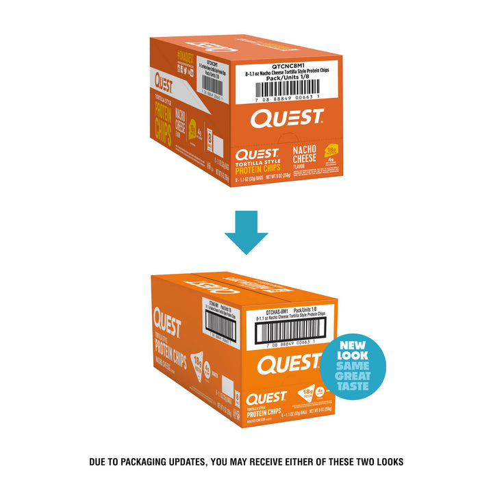 Two Quest protein product boxes with a blue arrow pointing from one to the other, indicating packaging update.