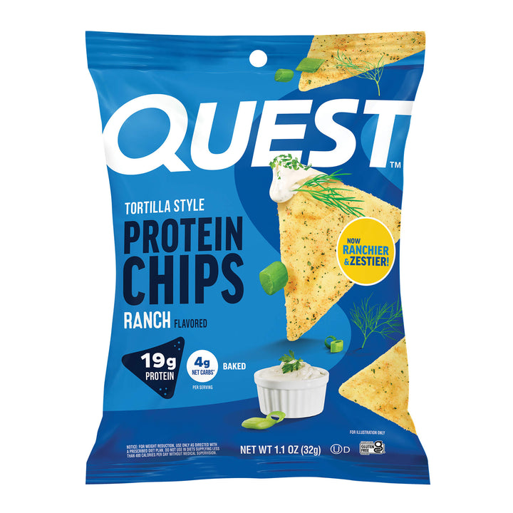 Quest Tortilla Style Protein Chips Ranch Flavored packaging on a white background