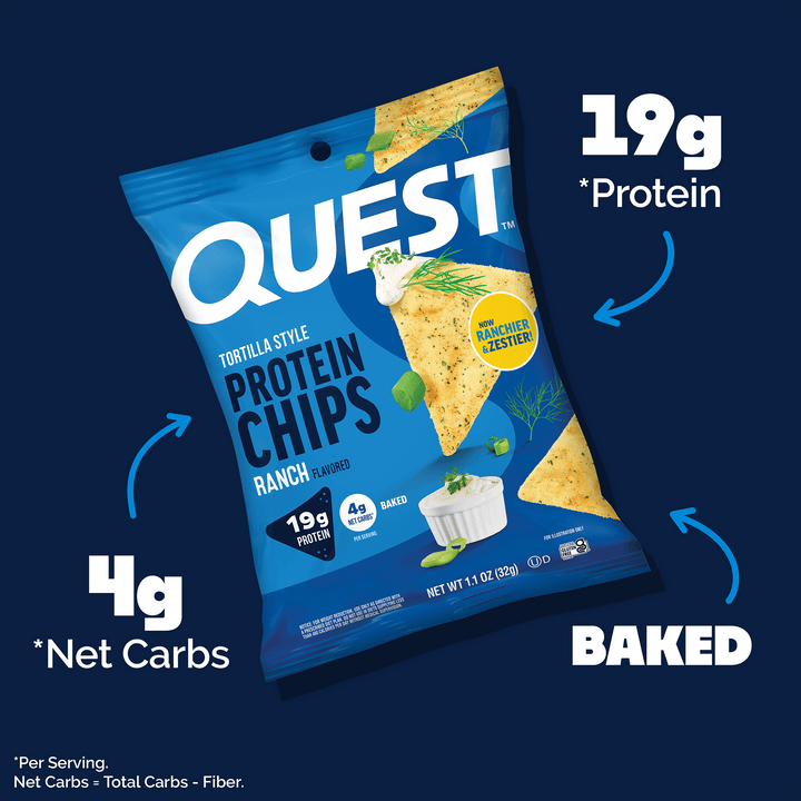 Quest tortilla style protein chips packaging on a blue background