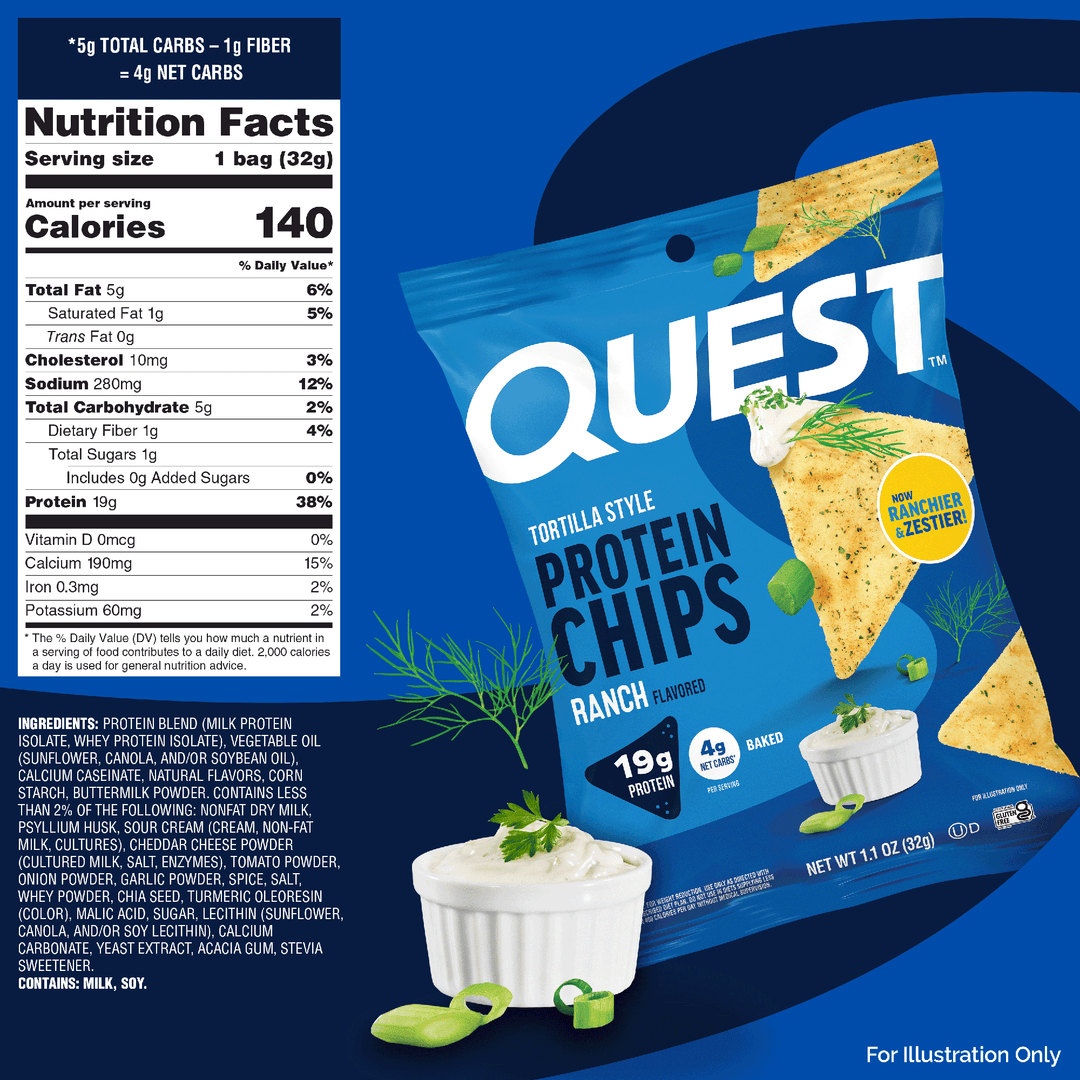 Quest Tortilla Style Protein Chips Ranch flavor packaging with nutritional information on a blue background