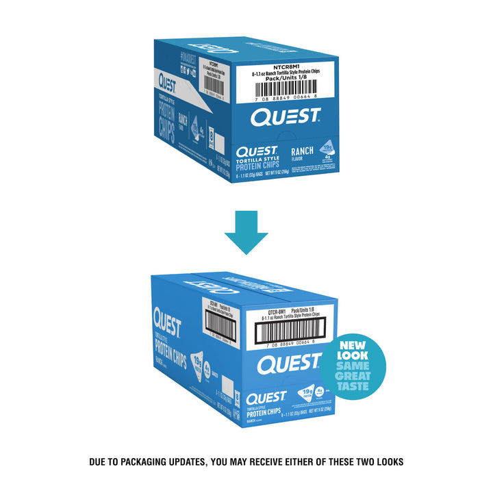 Two Quest protein cup boxes with a blue arrow pointing from one to the other, indicating a packaging update.
