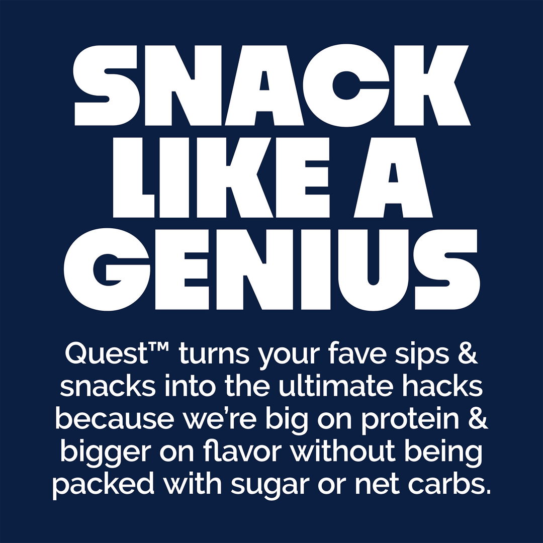 Promotional text for Quest snacks on a purple background
