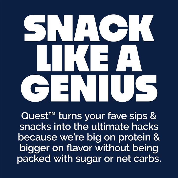 Promotional text for Quest snacks on a purple background