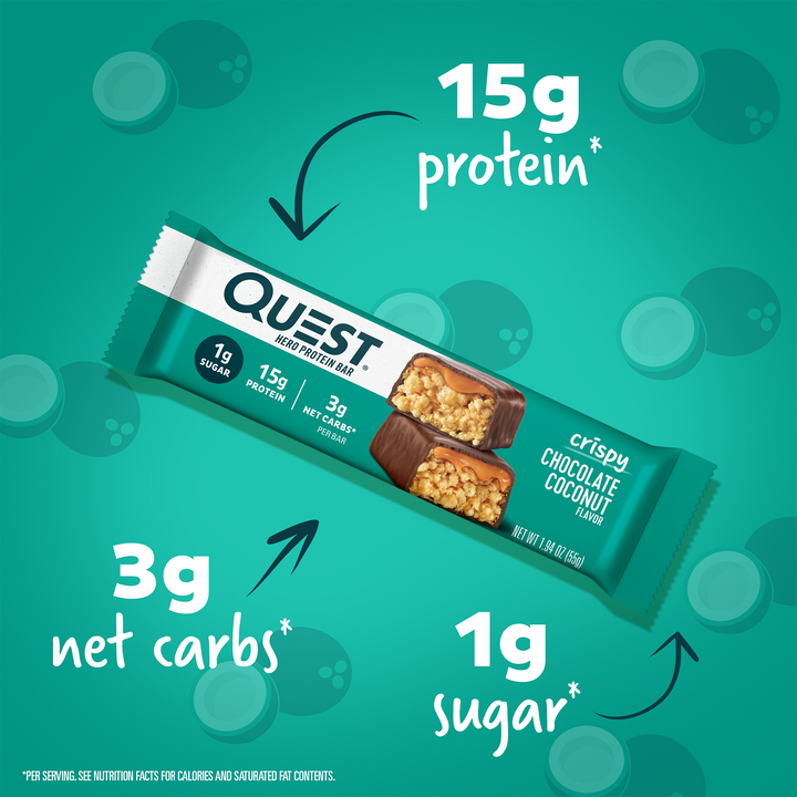 Chocolate Coconut Hero Protein Bars; 15g protein*, 3g net carbs", 1g sugar*