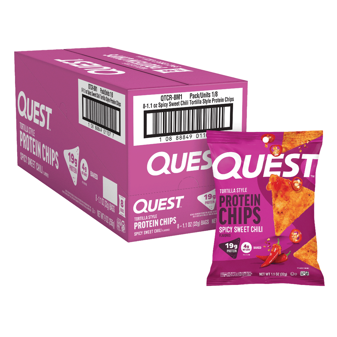 Quest Tortilla Style Protein Chips Spicy Sweet Chili flavored chips with retail bag and 8-count case packaging.