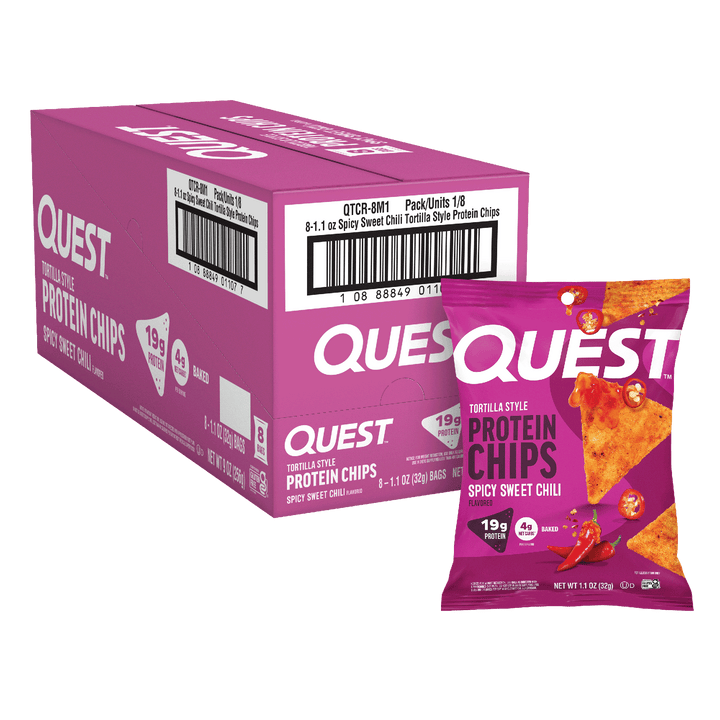 Quest Tortilla Style Protein Chips Spicy Sweet Chili flavored chips with retail bag and 8-count case packaging.