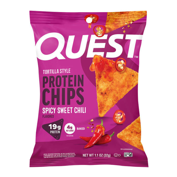 Quest Spicy Sweet Chili Tortilla Style Protein Chips bag featuring 19g protein, 4g net carbs, and baked chips.