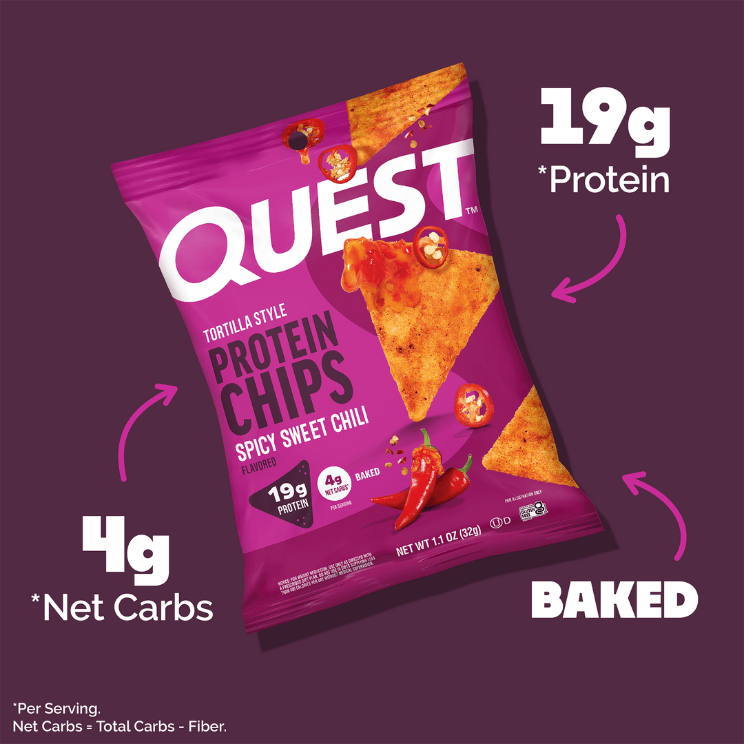 Quest Spicy Sweet Chili Protein Chips package highlighting 19g protein, 4g net carbs, and baked tortilla chips.