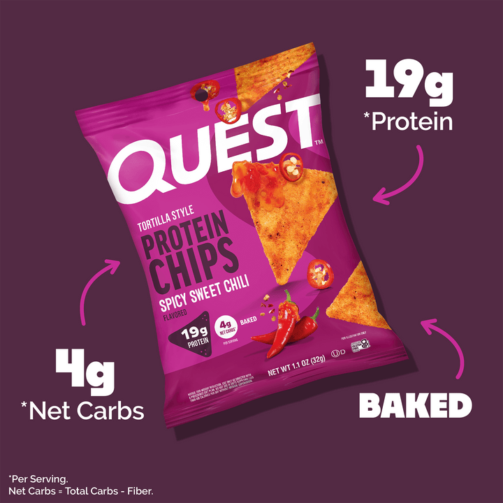 Quest Spicy Sweet Chili Protein Chips package highlighting 19g protein, 4g net carbs, and baked tortilla chips.