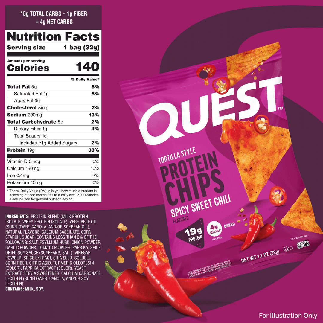Quest Spicy Sweet Chili Protein Chips nutrition facts, ingredients, and product packaging with chili pepper illustration.
